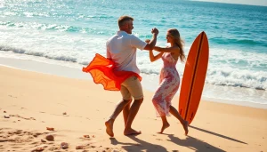 Couple showcasing the Carolina Dance with vibrant beach backdrop during a lively performance.