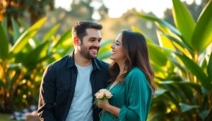 Tampa engagement photographers capture a joyful couple outdoors in vibrant lighting, showcasing love and creativity.