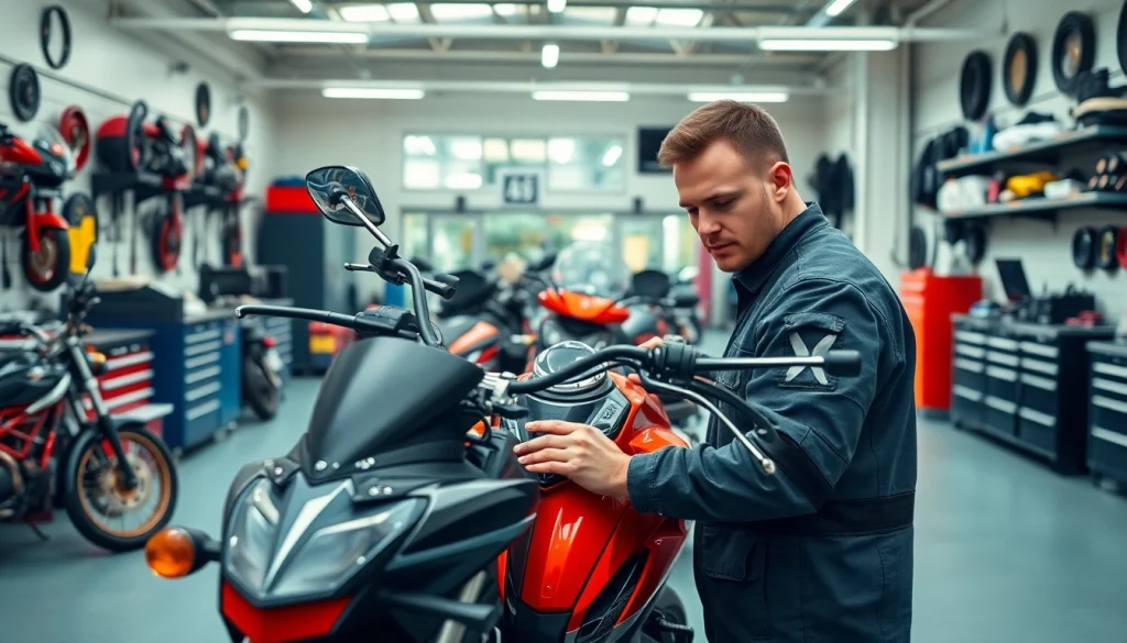In der motorrad werkstatt inspiziert ein Mechaniker ein Motorrad in einer professionellen Umgebung.