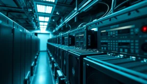 Bitcoin mining operation with advanced ASIC miners in a high-tech environment.