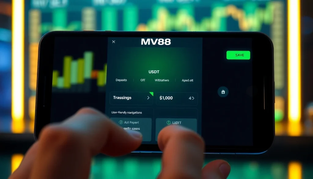 MV88 app interface showcasing secure USDT transactions, inviting online gambling experience.