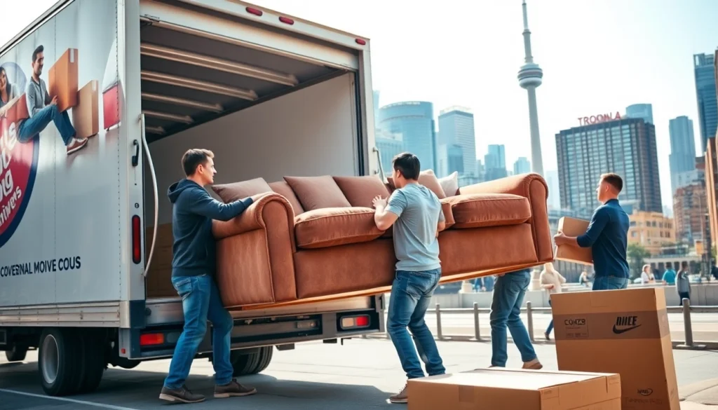 Toronto movers loading a couch into a moving truck, illustrating efficient relocation services.