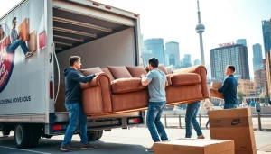 Toronto movers loading a couch into a moving truck, illustrating efficient relocation services.