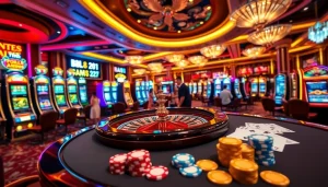 Explore the excitement of Trang chủ MM88 featuring lively casino games, roulette table, and vibrant slot machines.