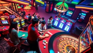 Experience the thrill of MM88 with friends playing at a vibrant casino, showcasing intense poker action and glowing slot machines.