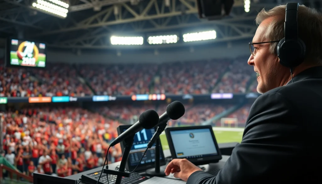 스포츠중계의 순간을 전달하는 열정적인 방송 진행자의 모습