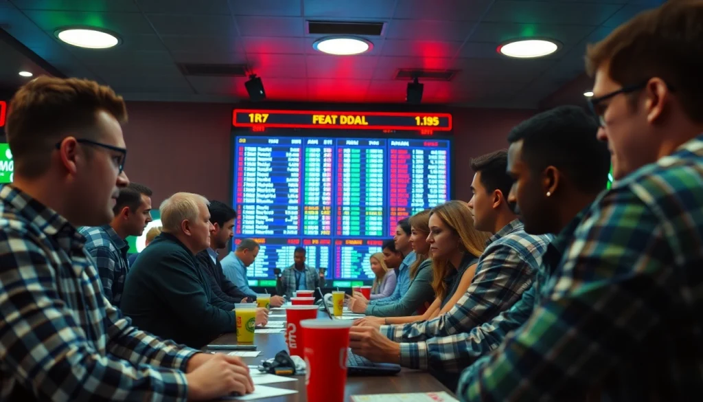 Engaged bettors analyzing odds at the best sportsbooks in Brazil in a vibrant atmosphere.