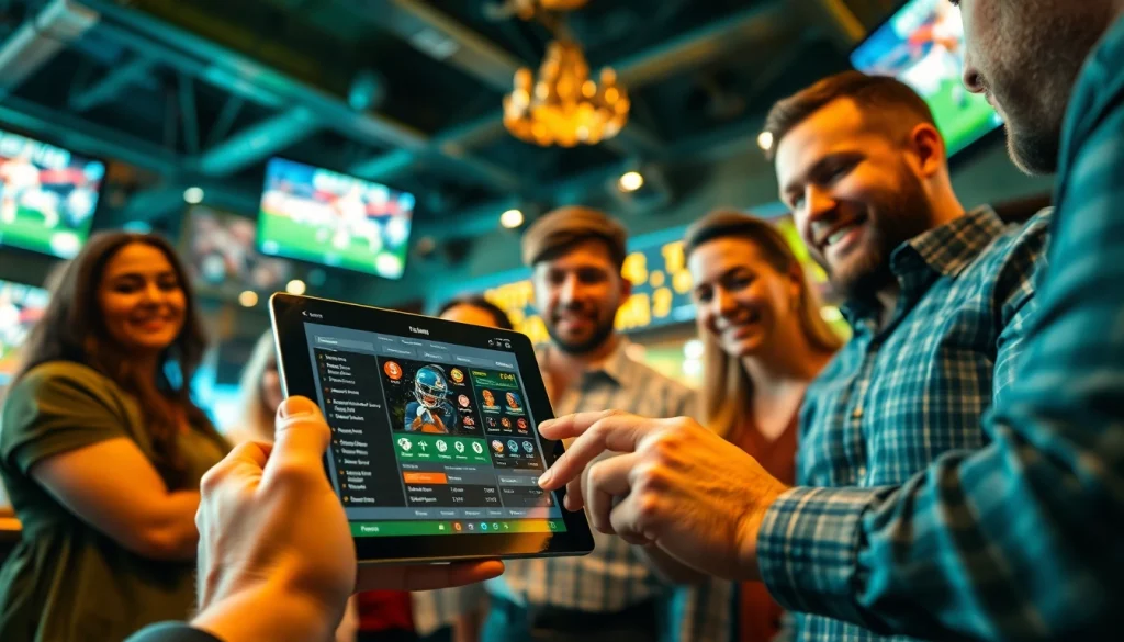 Engaged bettors exploring the best sports betting apps India in a lively sports bar setting.