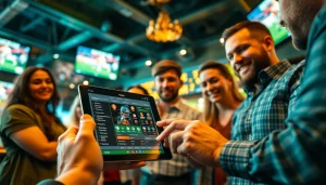 Engaged bettors exploring the best sports betting apps India in a lively sports bar setting.