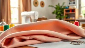 Punta di Roma stof met kleurrijke garens en schaar op een naaisalon tafel