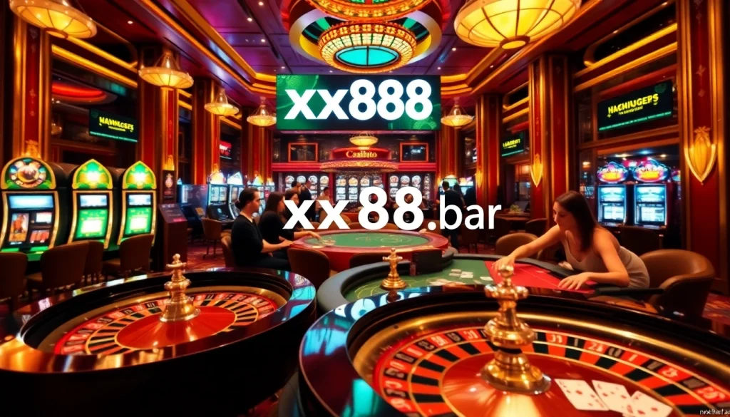 Players enjoying exciting games at a casino scene, represented at https://xx88.bar/ with poker chips and roulette wheel.