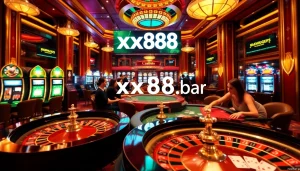Players enjoying exciting games at a casino scene, represented at https://xx88.bar/ with poker chips and roulette wheel.