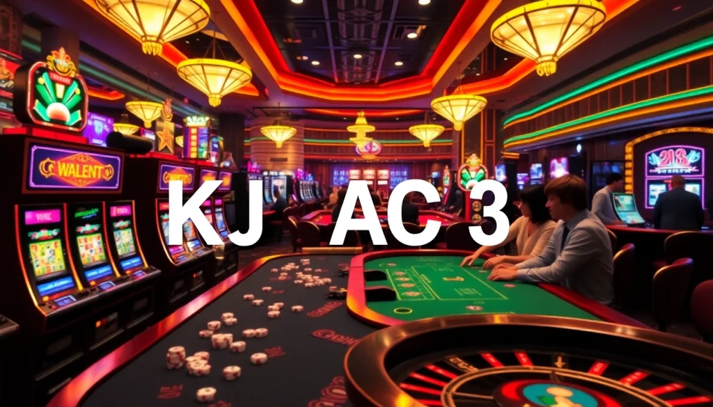 KJC AC 3 themed vibrant casino scene with players at tables, cards, and slot machines.