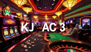KJC AC 3 themed vibrant casino scene with players at tables, cards, and slot machines.