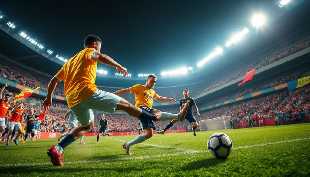 koora players showcasing skill and determination during an intense match in a vibrant stadium.