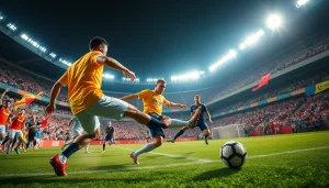 koora players showcasing skill and determination during an intense match in a vibrant stadium.