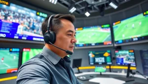 스포츠중계 중계를 분석하는 전문가의 모습과 생동감 넘치는 중계 화면