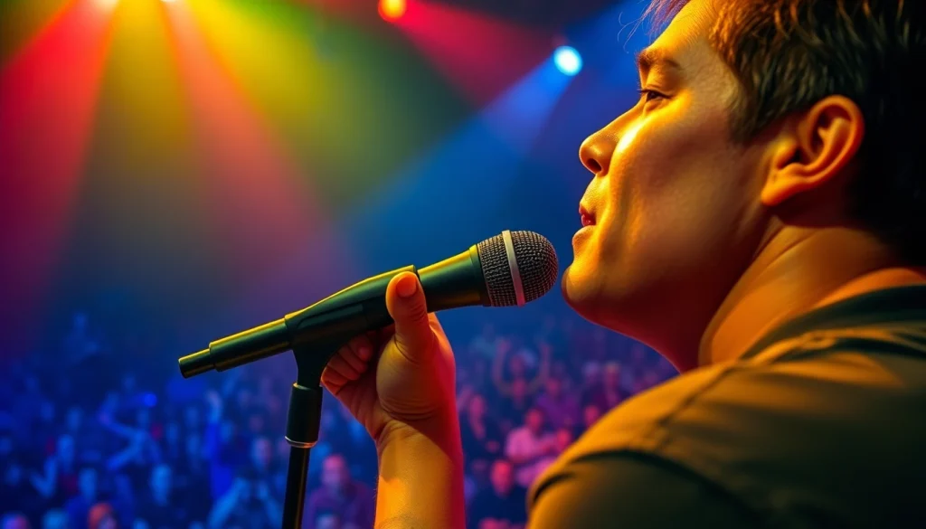 Musician passionately performing with the MV88 microphone on stage before a cheering crowd.