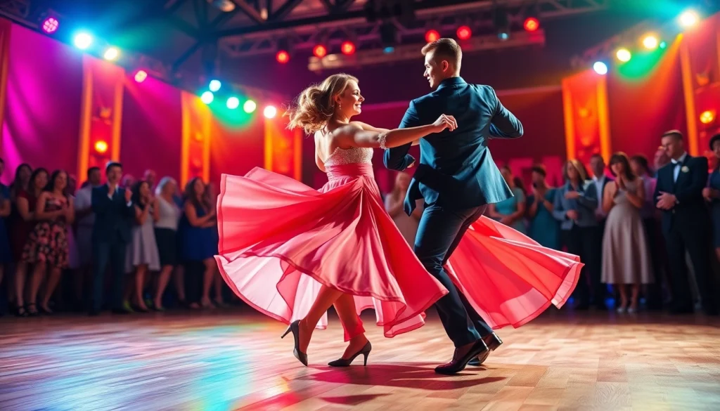 Engaged Carolina Dance couple performing on stage with vibrant lights and an captivated audience.