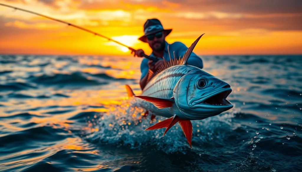 Catch a vibrant roosterfish during Roosterfish fishing Mexico; a fisherman casts his line at sunset.