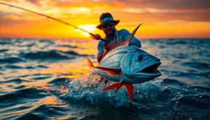 Catch a vibrant roosterfish during Roosterfish fishing Mexico; a fisherman casts his line at sunset.