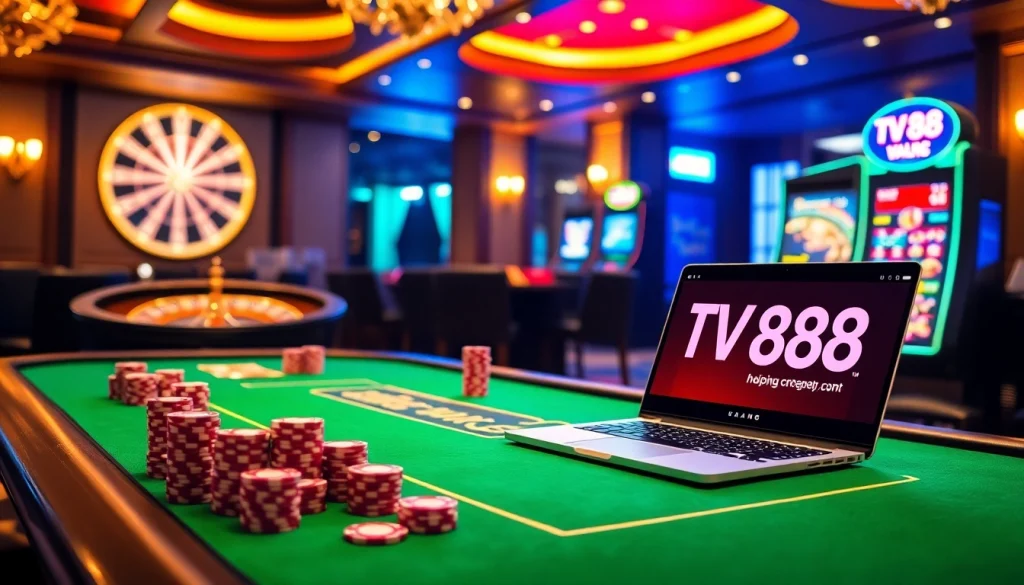 Experience the excitement of TV88 with vibrant casino games, poker chips, and professional gameplay.