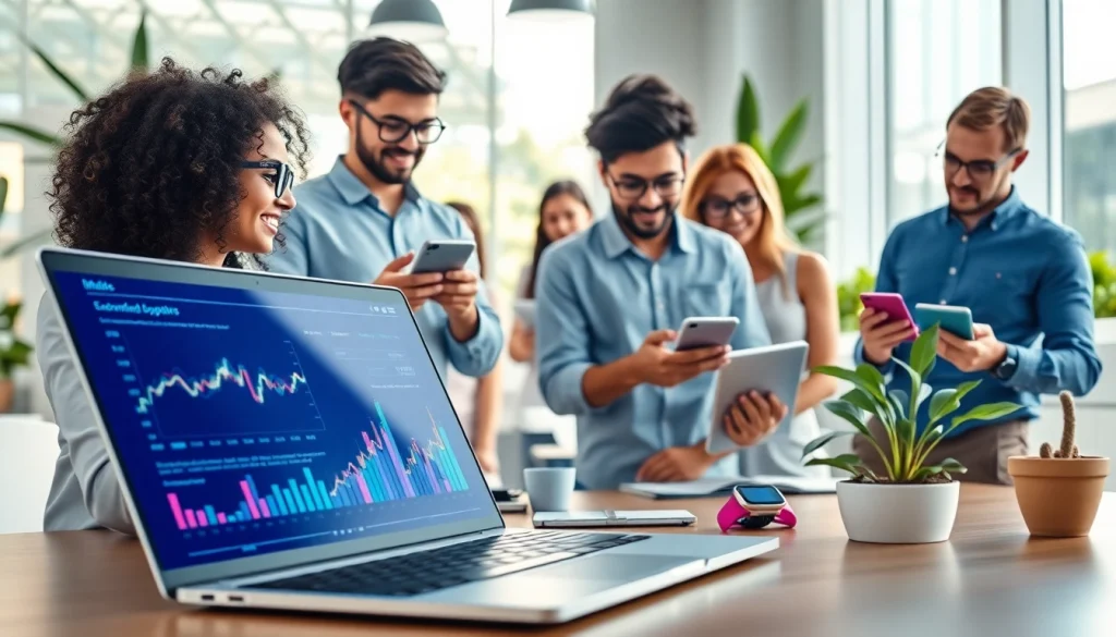 Illustration of technology's impact on daily life with diverse users in a bright workspace.