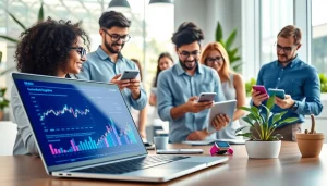 Illustration of technology's impact on daily life with diverse users in a bright workspace.