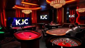 KJC poker players enjoying high-stakes excitement at a luxurious casino table.
