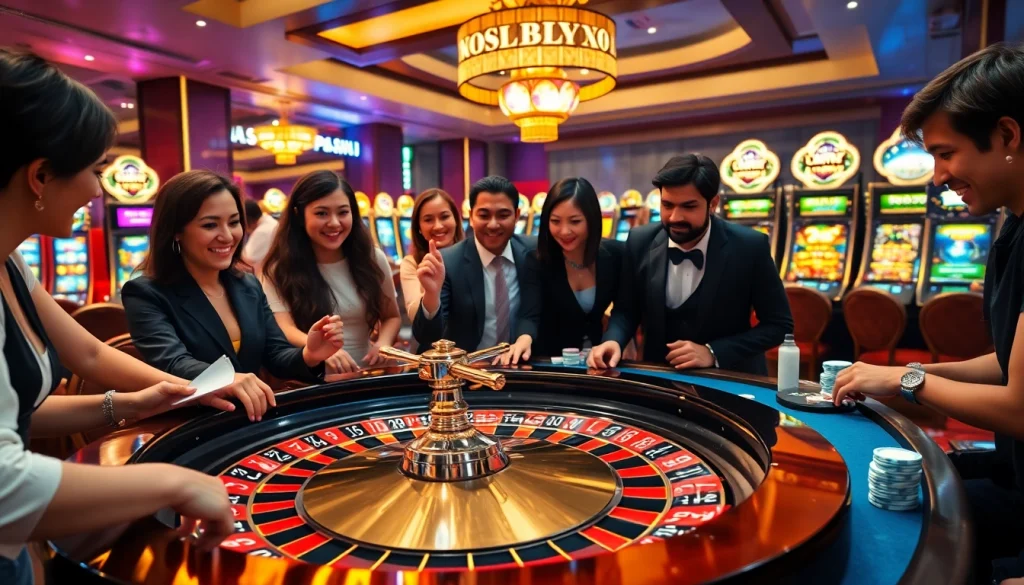 Players enjoying a thrilling roulette game at the 99win casino with elegant décor and vibrant atmosphere.