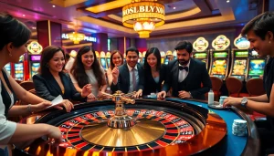 Players enjoying a thrilling roulette game at the 99win casino with elegant décor and vibrant atmosphere.