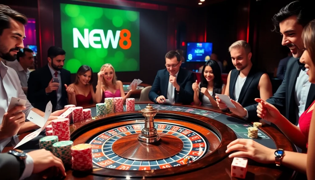 Players enjoying their time at the NEW88 casino table with colorful chips and cards.