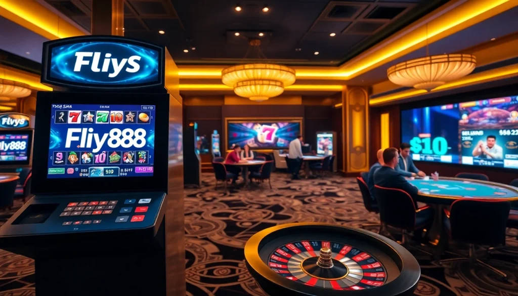Fly88 casino gaming scene with vibrant slot machines and poker action.