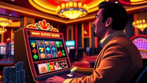Excited player winning on a birutoto online slot machine in a luxurious casino setting.
