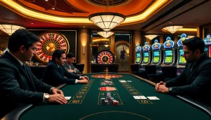 Players strategizing at a poker table while enjoying https://54bett.com.br's exciting casino atmosphere.