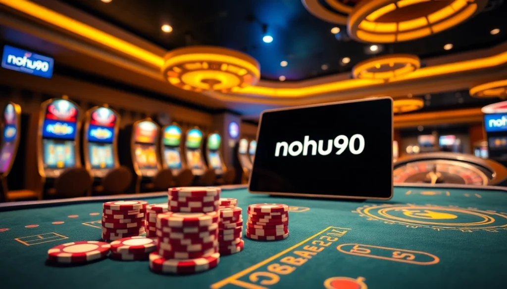 Exciting scene at nohu90 showing a casino table with poker chips and a glowing roulette wheel.