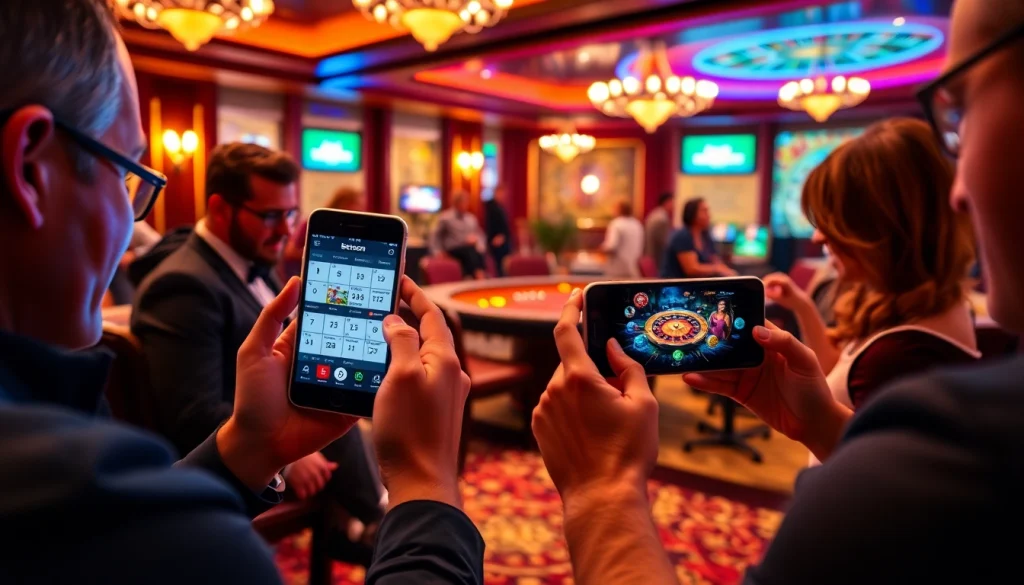 Experience the thrill of gambling with Betsson Download on mobile devices in this immersive casino scene.