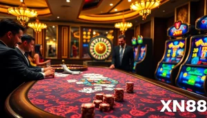Experience the excitement at XN88’s luxurious casino table with vibrant poker chips and eager players.
