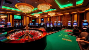 Players enjoying casino games at RR88 with roulette, poker, and slot machines in a luxurious setting.