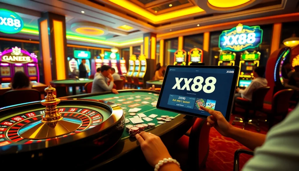 Players enjoying casino games at xx88, featuring poker tables and slot machines.