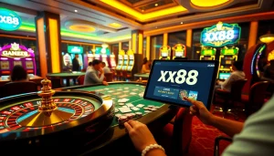 Players enjoying casino games at xx88, featuring poker tables and slot machines.