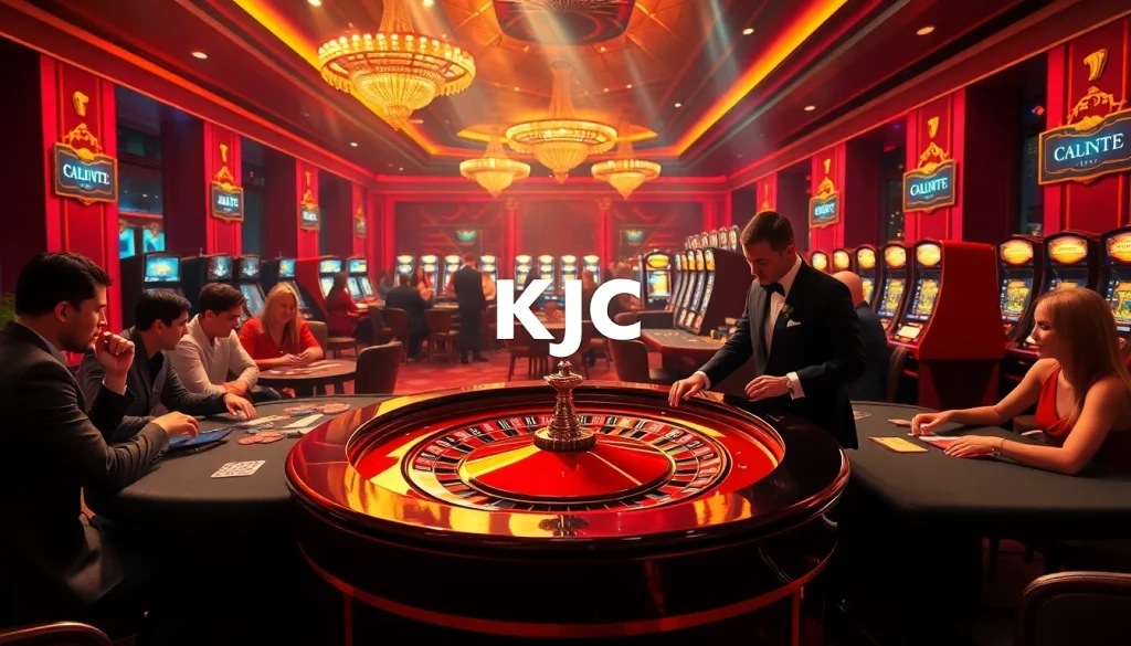 KJC logo displayed prominently at a luxurious casino table with poker chips and cards during gameplay.