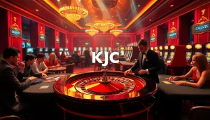 KJC logo displayed prominently at a luxurious casino table with poker chips and cards during gameplay.