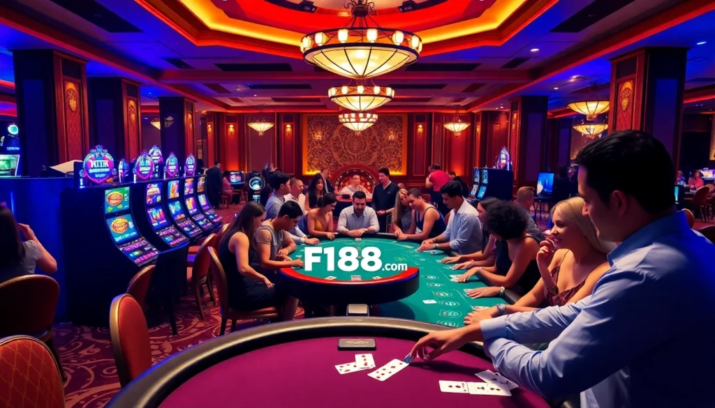 Exciting gameplay scene at f168 com casino with players at poker tables and vibrant slot machines.