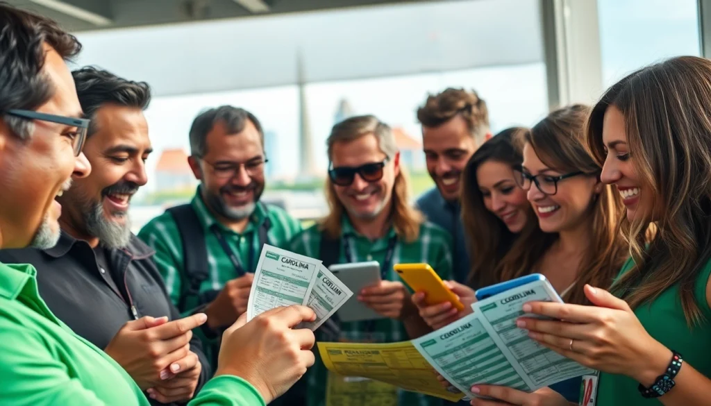 Engaged fans discussing South Carolina sports betting surrounded by vibrant betting slips and phones.