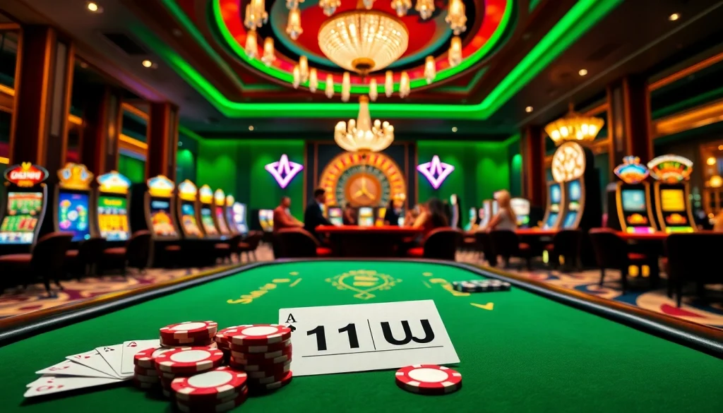 Exciting casino scene featuring 11UU betting slips and vibrant games like poker and roulette.