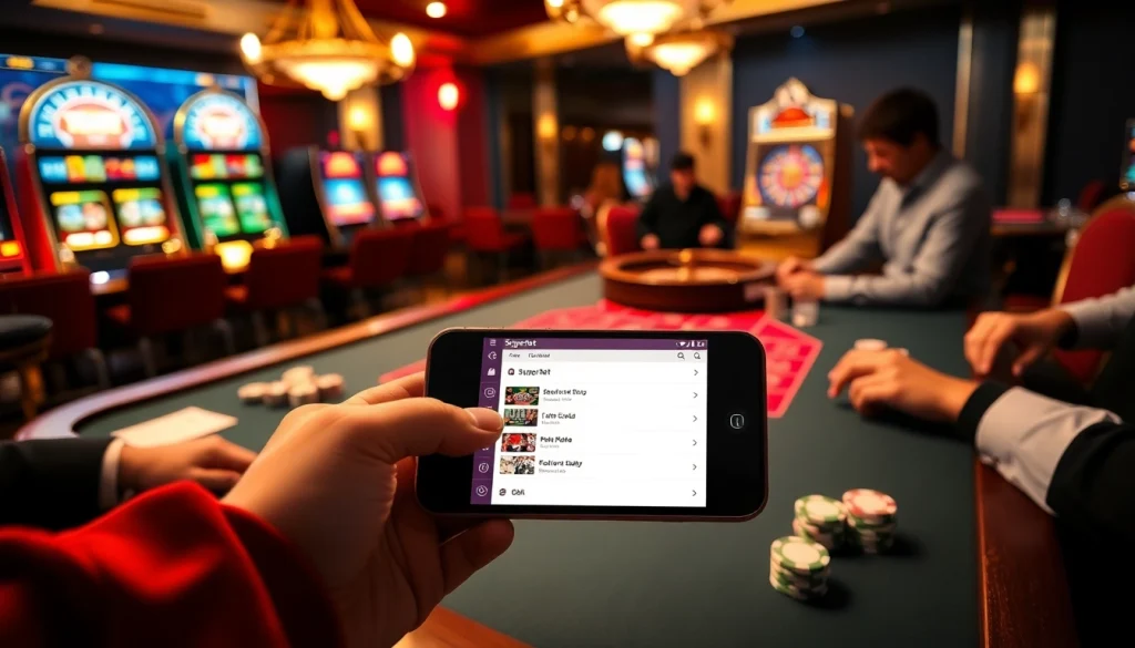 The Superbet App showcased on a mobile device amidst a vibrant casino scene with poker and roulette elements.