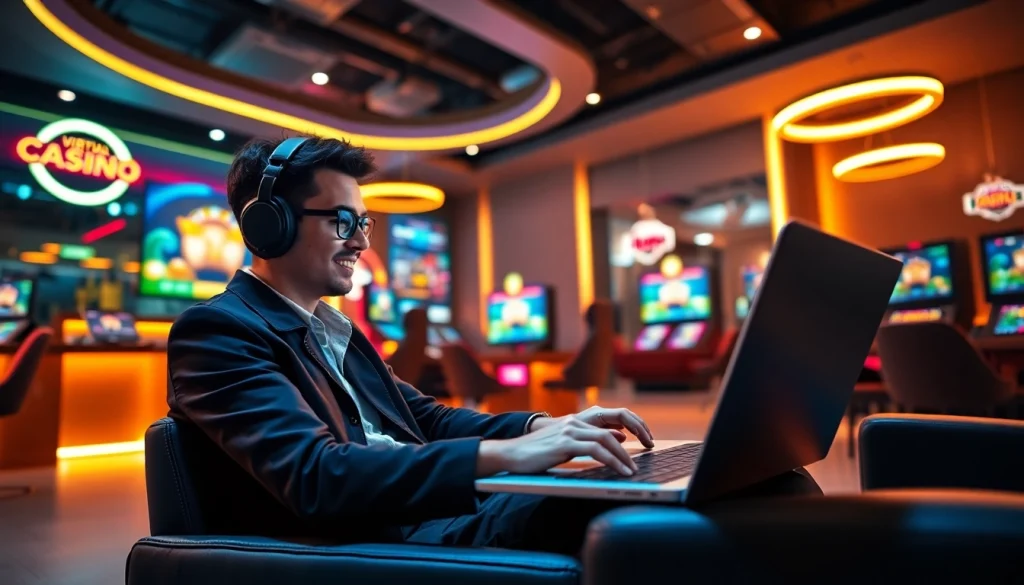 Engaging scene depicting online casinos in California with a gamer immersed in a thrilling virtual ambiance.