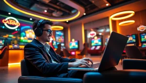 Engaging scene depicting online casinos in California with a gamer immersed in a thrilling virtual ambiance.