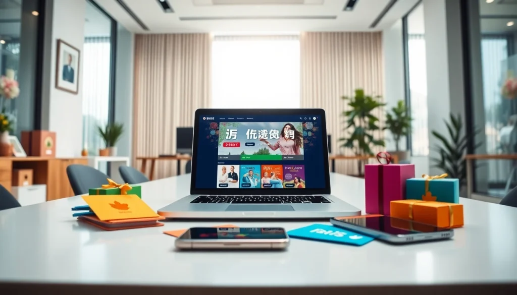 다채로운 선물 카드와 기술이 어우러진 상품권카드를 보여주는 몰입형 작업 공간